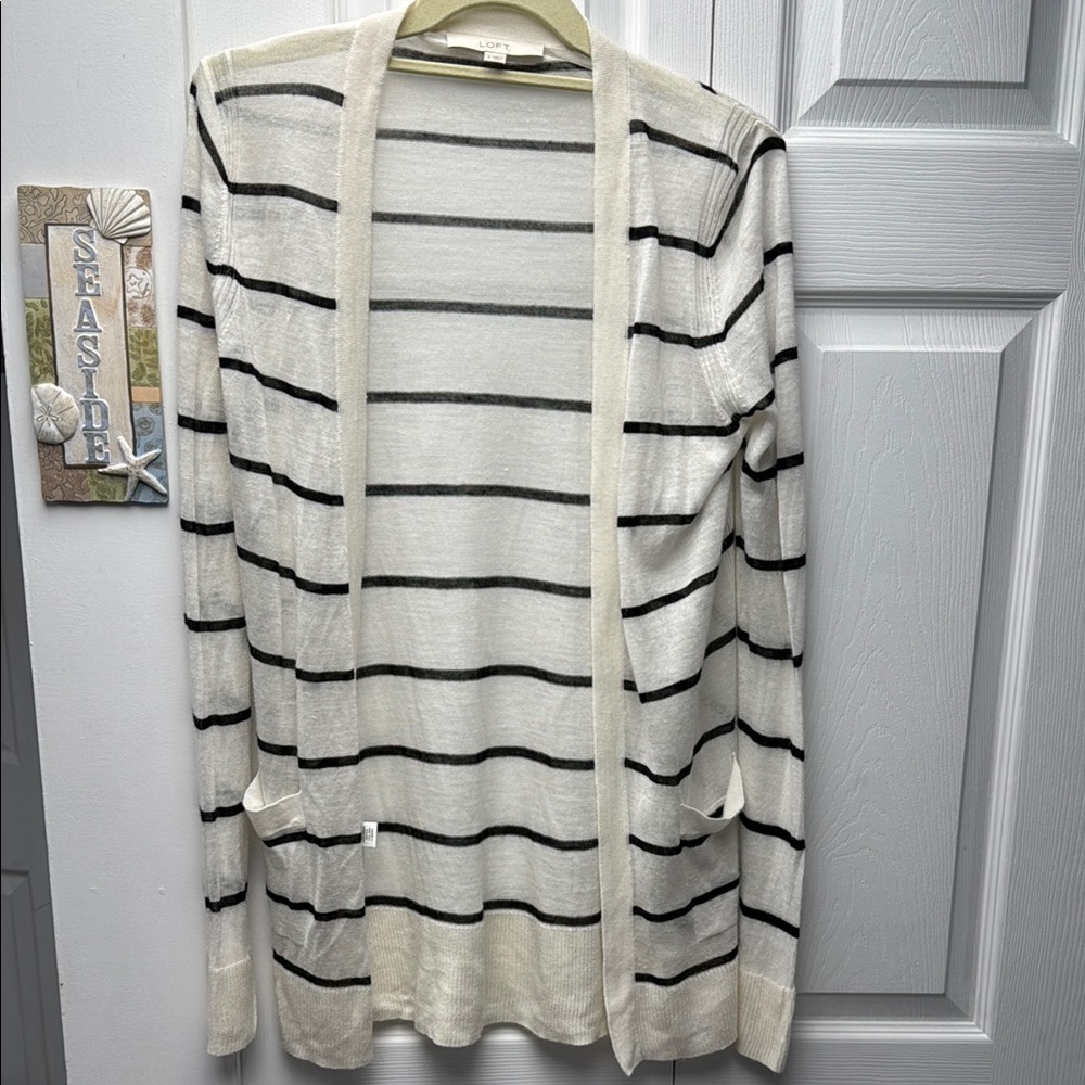 LOFT Cream and Black Striped Cardigan Sweater